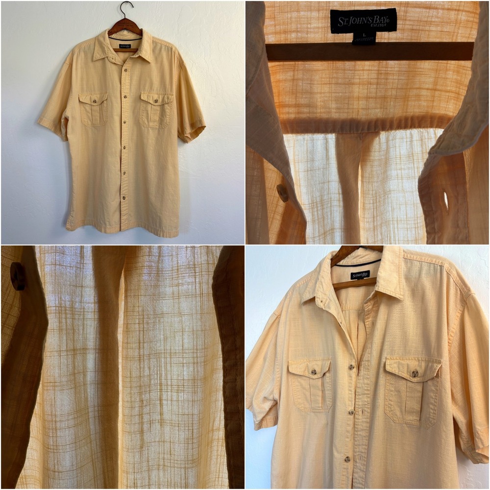 St Johns Bay Yellow Cotton Button Down Short Sleeve Shirt L 90s Dadcore Casual